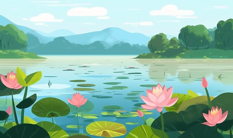 夏天绿色的荷花池塘和蓝色天空风景,插画/手绘图,插画/手绘图库,插画/手绘图下载,插画/手绘